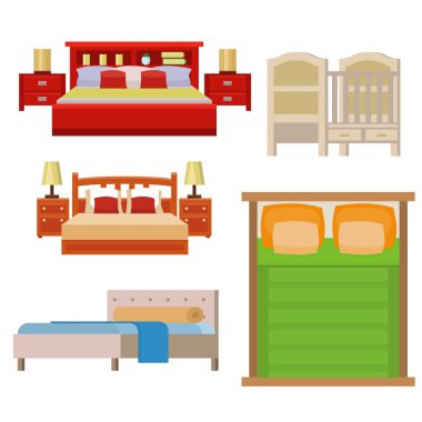 İç ev dinlenme koleksiyonu uyku mobilya rahat gece illüstrasyon vektör yatak Icon set.