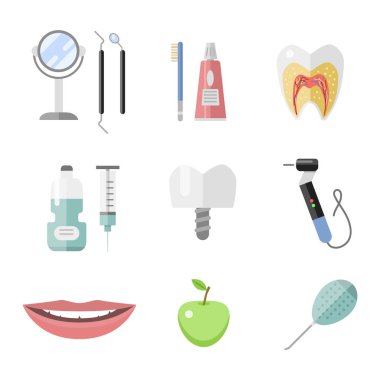 Düz sağlık diş hekimi tıbbi araçlar tıp enstrüman hijyen stomatology vektör çizim.