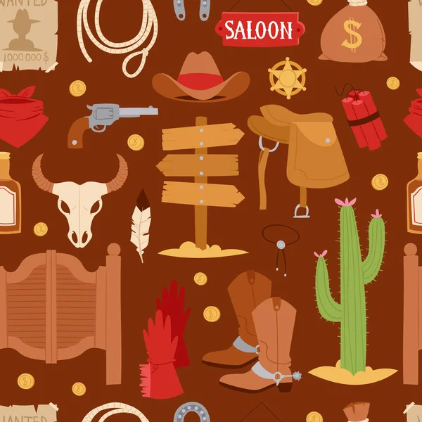 Wild West icônes de dessin animé mis équipement de rodéo cow-boy et différents accessoires vectoriel illustration modèle sans couture — Image vectorielle