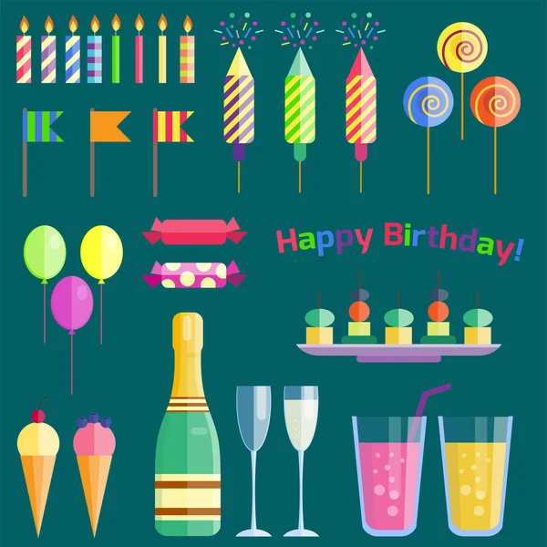 Party icons celebration happy birthday surprise decoration cocktail event anniversary vector. — Stock Vector