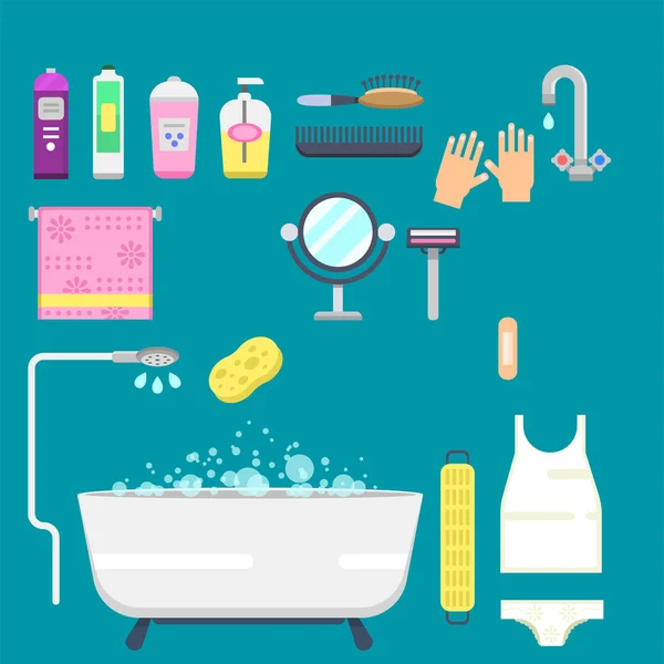Bad utrustning ikoner modern dusch färgglada illustration för badrum inredning hygien vektor design. — Stock vektor