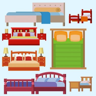 İç ev dinlenme koleksiyonu uyku mobilya rahat gece illüstrasyon vektör yatak Icon set.