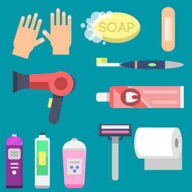 Banyo ekipmanları simgeler modern duş renkli resimde banyo iç hijyen vektör tasarımı için.