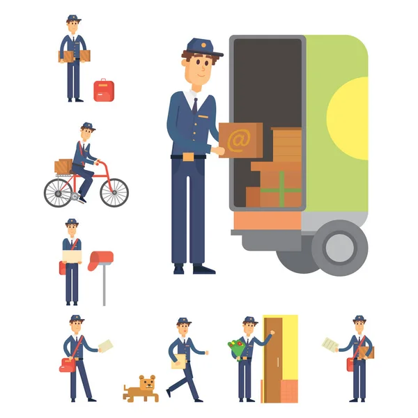 Доставка почтальона человек персонаж вектор курьера оккупации перевозчик милый мужской пакет транспортировки . — стоковый вектор