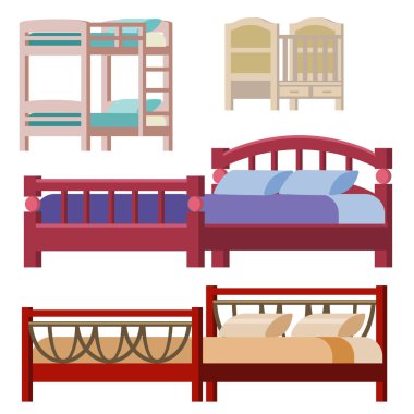 İç ev dinlenme koleksiyonu uyku mobilya rahat gece illüstrasyon vektör yatak Icon set.