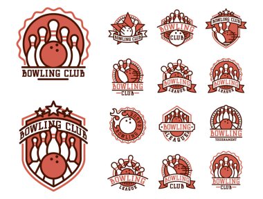 Bovling amblemi ve tasarım öğesi logo şablonu rozet madde için tasarım Spor lig takımları başarı ekipman şampiyon illüstrasyon vektör.