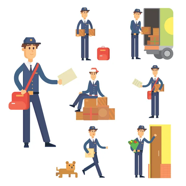 Postman delivery man character vector courier occupation carrier cute male package transportation. — Stock Vector