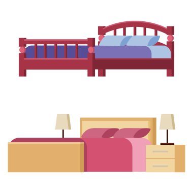 İç ev dinlenme koleksiyonu uyku mobilya rahat gece illüstrasyon vektör yatak Icon set.