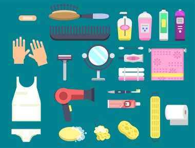 Banyo ekipmanları simgeler modern duş renkli resimde banyo iç hijyen vektör tasarımı için.