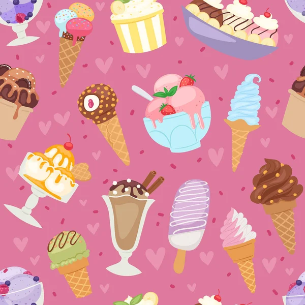 Conjunto de diferentes helados sin costura patrón fondo dibujos animados postre vector ilustración — Archivo Imágenes Vectoriales