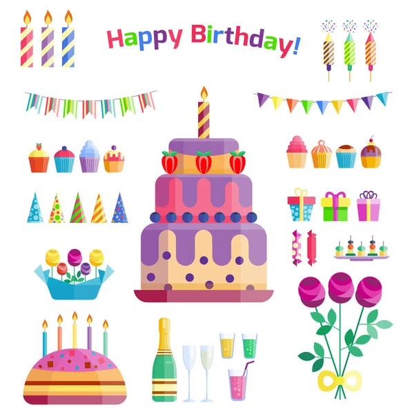 Party icons celebration happy birthday surprise decoration cocktail event anniversary vector. — Stock Vector