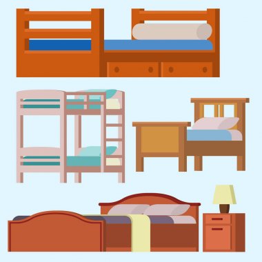 İç ev dinlenme koleksiyonu uyku mobilya rahat gece illüstrasyon vektör yatak Icon set.