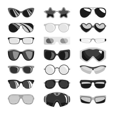 Güneş gözlüğü Aksesuar güneş gözlüğü plastik çerçeve modern gözlük vektör çizim moda ayarla.