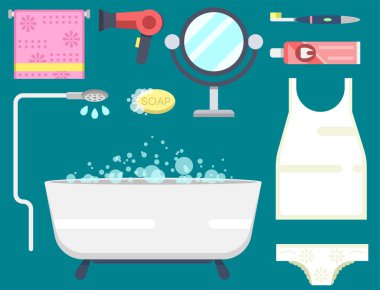 Banyo ekipmanları simgeler modern duş renkli resimde banyo iç hijyen vektör tasarımı için.