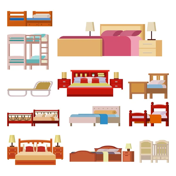 Vector pictogrammenset bed interieur thuis rest collectie slaap meubilair comfortabele nacht illustratie. — Stockvector