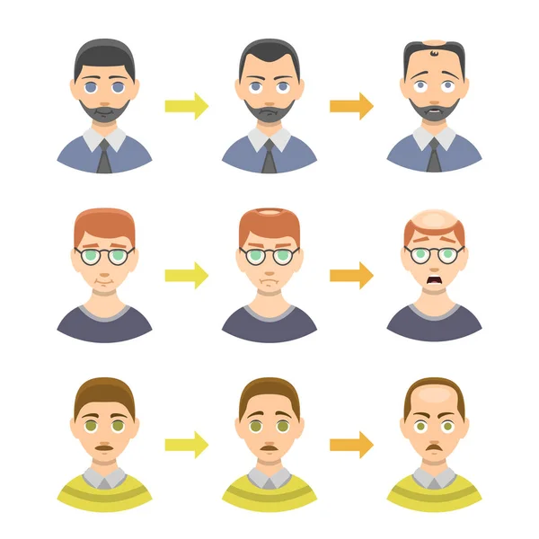 Informatie haartypes verlies stadia van kaalheid geïllustreerd op mannelijke hoofd vector rekeningschema. — Stockvector