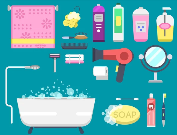 Bath equipment icons modern shower colorful illustration for bathroom interior hygiene vector design. — Stockvector
