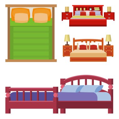 İç ev dinlenme koleksiyonu uyku mobilya rahat gece illüstrasyon vektör yatak Icon set.