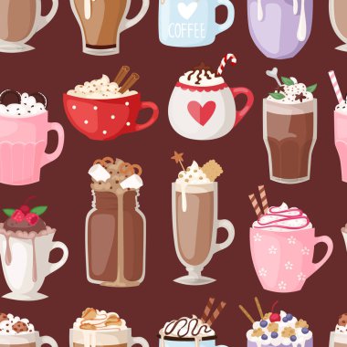 Farklı kahve kümesi türleri kupa köpük içecek gözlük vektör çizim seamless modeli ile su bardağı