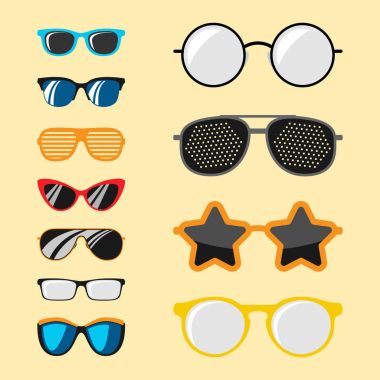 Güneş gözlüğü Aksesuar güneş gözlüğü plastik çerçeve modern gözlük vektör çizim moda ayarla.
