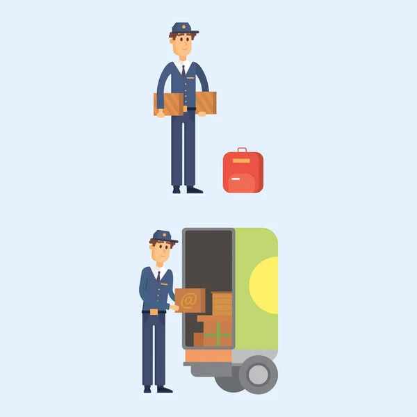 Доставка почтальона человек персонаж вектор курьера оккупации перевозчик милый мужской пакет транспортировки . — стоковый вектор