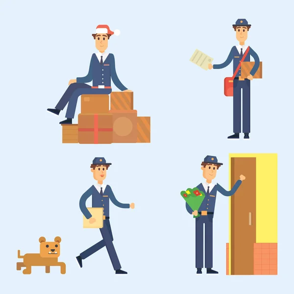 Postman delivery man character vector courier occupation carrier cute male package transportation. — Stock Vector