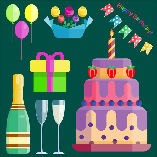 Strana ikony oslavu všechno nejlepší k narozeninám překvapení dekorace koktejl události výročí vektor. — Stockový vektor