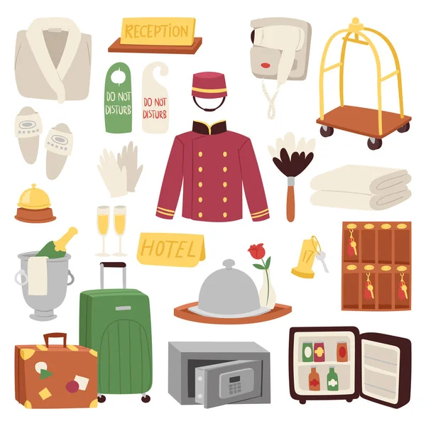 Hotel sau cazare icon set simbol de călătorie serviciu recepție bagaje bagaje vector ilustrare — Vector de stoc