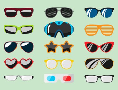 Güneş gözlüğü Aksesuar güneş gözlüğü plastik çerçeve modern gözlük vektör çizim moda ayarla.