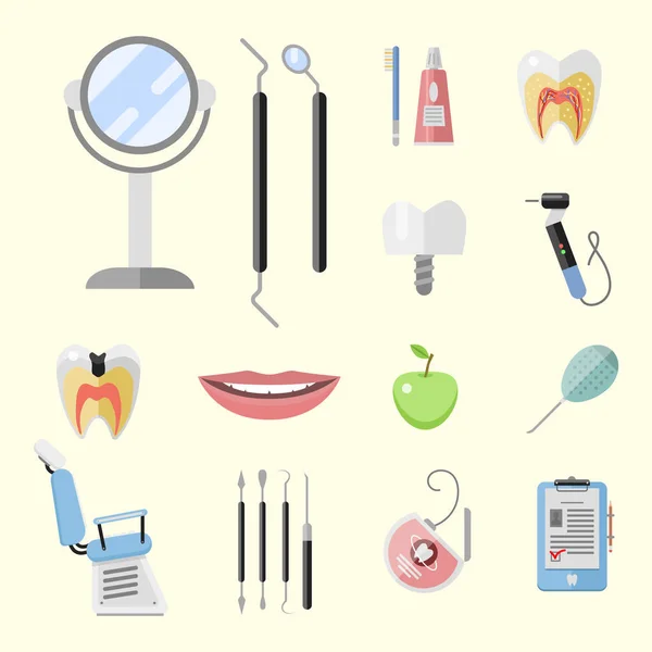 Плоский стоматолог Медицинские инструменты Медицинский инструмент гигиена стоматология векторная иллюстрация . — стоковый вектор