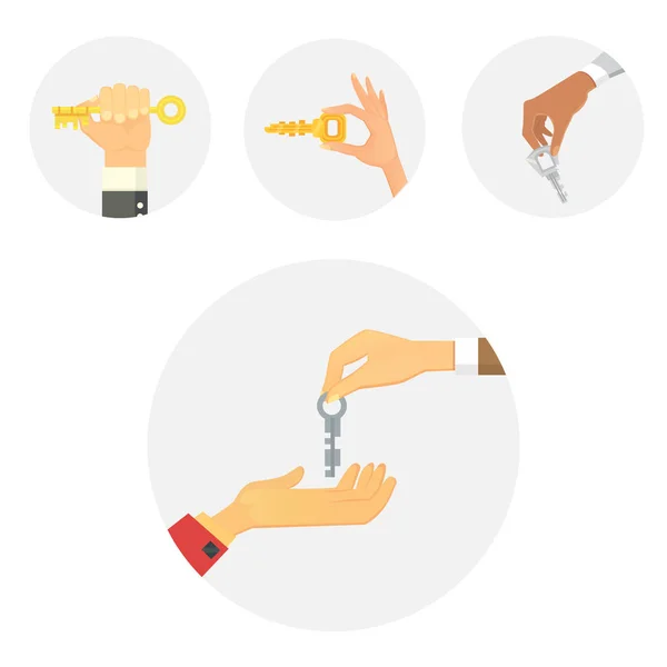 Hände, die Schlüssel Wohnung verkaufen menschliche Geste Zeichen Sicherheit Haus Konzept Vektor Illustration. — Stockvektor
