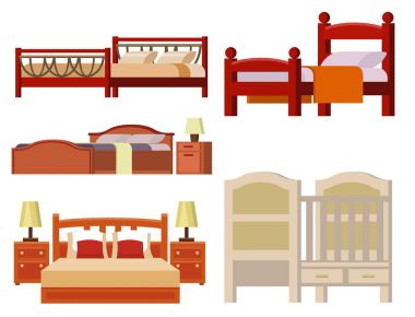İç ev dinlenme koleksiyonu uyku mobilya rahat gece illüstrasyon vektör yatak Icon set.