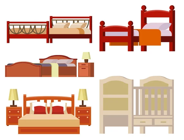 Icono de cama vectorial conjunto interior hogar descanso colección dormir muebles noche cómoda ilustración . — Archivo Imágenes Vectoriales