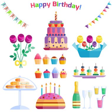 Parti simgeler kutlama mutlu yıllar sürpriz dekorasyon kokteyl olay yıldönümü vektör.