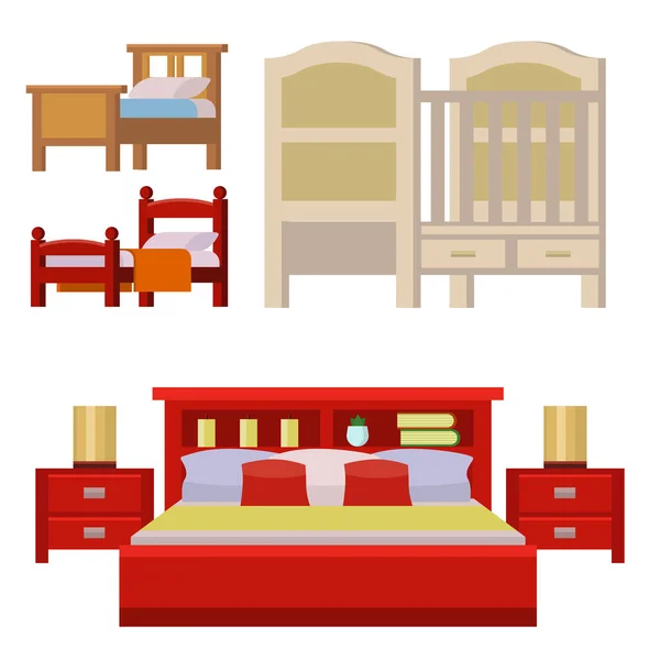 Icono de cama vectorial conjunto interior hogar descanso colección dormir muebles noche cómoda ilustración . — Vector de stock