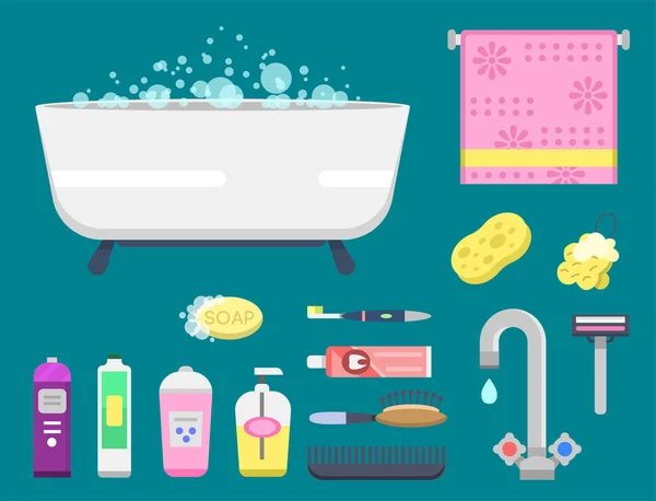 Bad utrustning ikoner modern dusch färgglada illustration för badrum inredning hygien vektor design. — Stock vektor