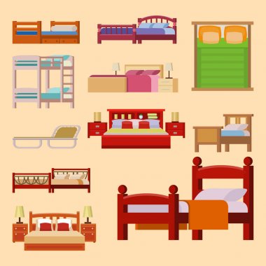 İç ev dinlenme koleksiyonu uyku mobilya rahat gece illüstrasyon vektör yatak Icon set.