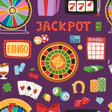 Blackjack casino oyun kumar sembolleri kartları para kazanan rulet joker vektör seamless modeli