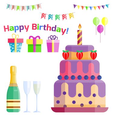 Parti simgeler kutlama mutlu yıllar sürpriz dekorasyon kokteyl olay yıldönümü vektör.