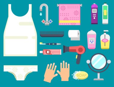 Banyo ekipmanları simgeler modern duş renkli resimde banyo iç hijyen vektör tasarımı için.