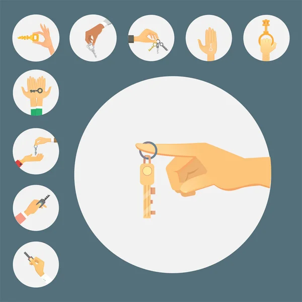 Χέρια που κρατούν το κλειδί Διαμέρισμα πώληση ανθρώπινη χειρονομία συνδεθείτε ασφαλείας σπίτι έννοια διανυσματικά εικονογράφηση. — Διανυσματικό Αρχείο