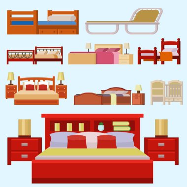 Vector bed icon set interior home rest collection sleep furniture comfortable night illustration. clipart