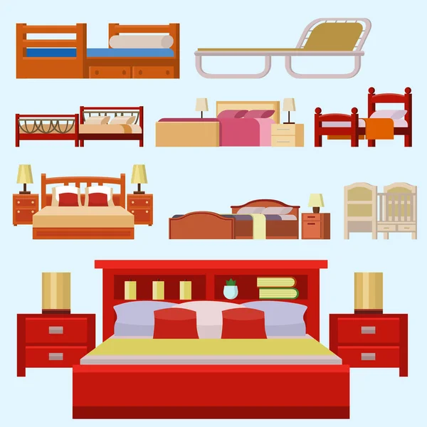 Vector pictogrammenset bed interieur thuis rest collectie slaap meubilair comfortabele nacht illustratie. — Stockvector
