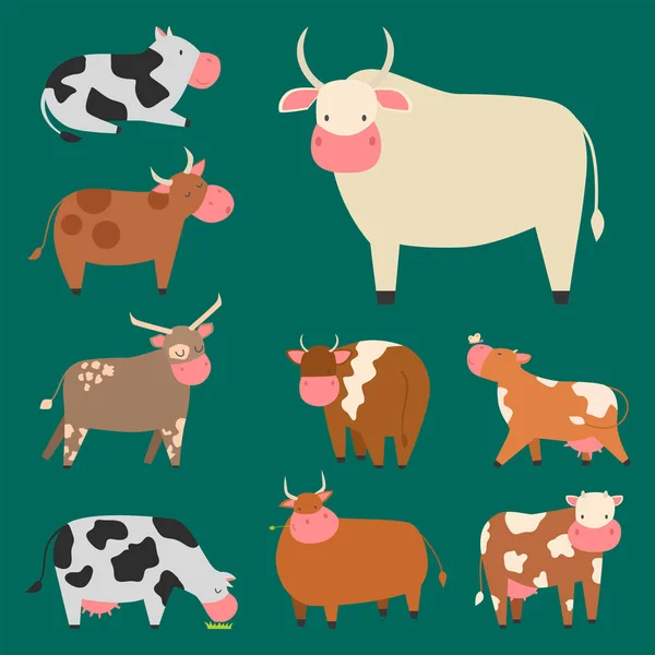 Stiere Kühe Bauernhof Tier Charakter Vektor Illustration Rinder Säugetier Natur Wildfleisch Landwirtschaft. — Stockvektor