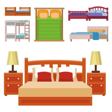 İç ev dinlenme koleksiyonu uyku mobilya rahat gece illüstrasyon vektör yatak Icon set.