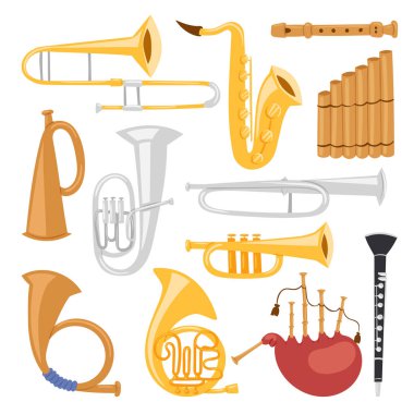 Beyaz arka plan akustik müzisyen ekipman Orkestrası vektör çizim üzerinde izole araçları Rüzgar müzik aletleri
