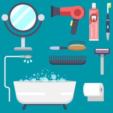 Banyo ekipmanları simgeler modern duş renkli resimde banyo iç hijyen vektör tasarımı için.