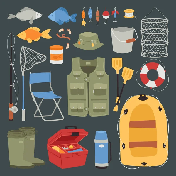Pêche vacances en plein air activités amusantes icônes jeu isolé pêche passe-temps conception illustration vectorielle — Image vectorielle