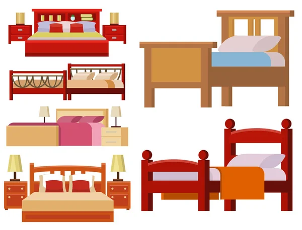 Icono de cama vectorial conjunto interior hogar descanso colección dormir muebles noche cómoda ilustración . — Vector de stock