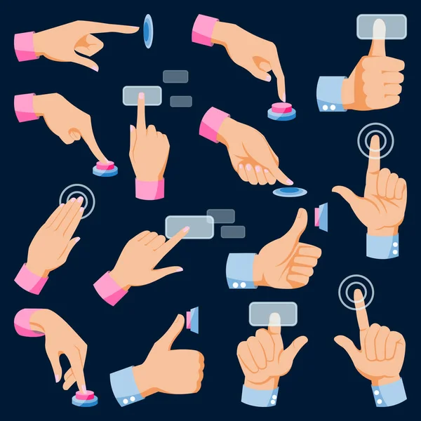 Mänskliga händer arm fingrar trycka knappar vektor ställa samling isolerade — Stock vektor
